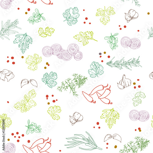 Spices and kitchen herbs seamless pattern. Pepper, paprika, garlic, dill, onion parsley tarragon cilantro