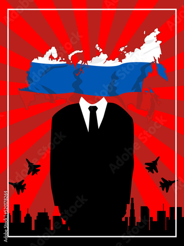 black suit in front of russian flag