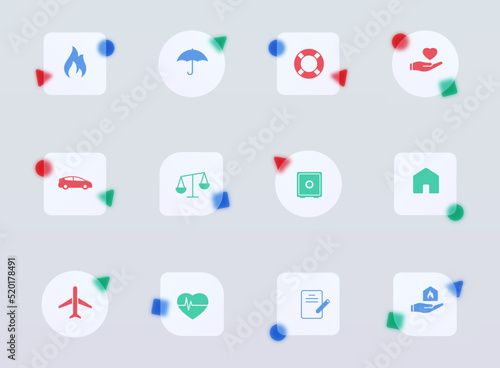insurance glass morphism trendy style icons. insurance transparent glass color vector icon with color figures. for web and ui design, mobile apps and promo business advertising