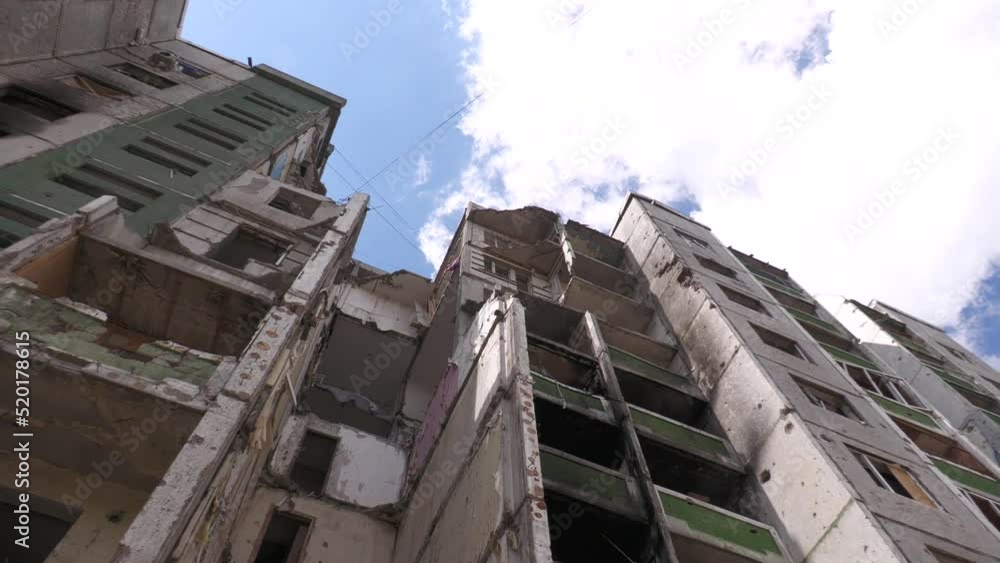 Chernigov, Ukraine, 2022: Destroyed residential building in as a result of shelling by the Russian army during the Russian-Ukrainian war Chernigov, Ukraine, 2022: Destroyed residential building in as a result of shelling by the Russian army during the Russian-Ukrainian war