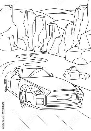 A sports car drives along the road against the backdrop of the desert and mountains. Funny coloring book for boys. Vector illustration