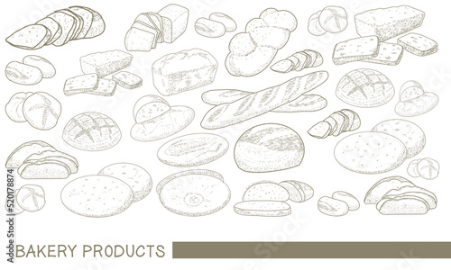 Hand drawn background of bread and bakery products. Baked goods template. Baking, bakery shop, cooking, sweet products, dessert, pastry.