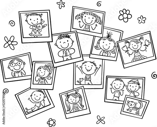 A pile of happy doodle kids photos, outline vector cartoon illustration