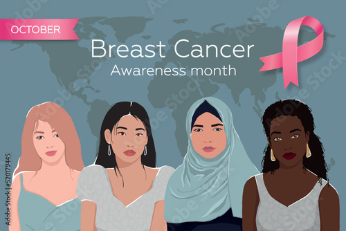 World Breast Cancer Awareness Month. Poster with pink ribbon and different women. vector illustration. EPS 10.