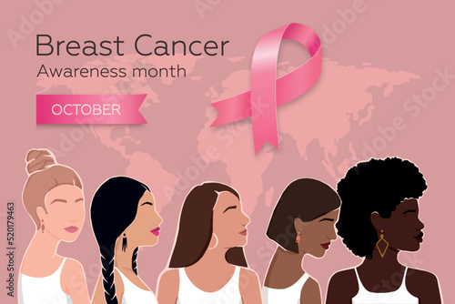World Breast Cancer Awareness Month. Poster with pink ribbon and different women.  Modern vector illustration. EPS 10.
