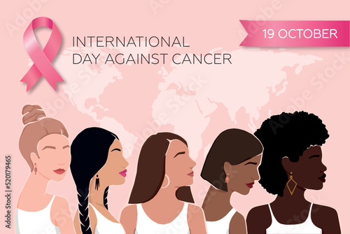 Poster with pink ribbon and diverse women for International Breast Cancer Day in October. Vector illustration. EPS 10 vs.