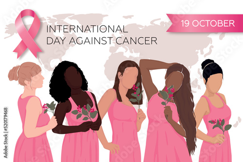 Poster with pink ribbon and diverse girls for International Breast Cancer Day in October. Vector illustration. EPS 10 vs.