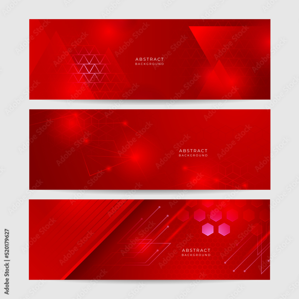 Red technology digital banner design. Science, medical and digital technology header. Geometric abstract background with tech design. Molecular structure and communication vector illustration. Red technology digital banner design. Science, medical and digital technology header. Geometric abstract background with tech design. Molecular structure and communication vector illustration.
