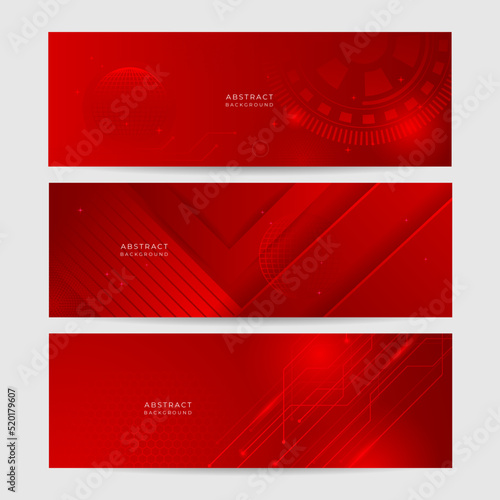 Red technology digital banner design. Science, medical and digital technology header. Geometric abstract background with tech design. Molecular structure and communication vector illustration.