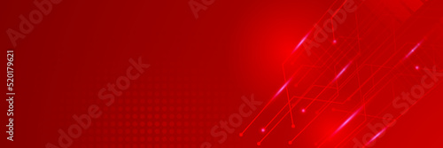 Red technology digital banner design. Science, medical and digital technology header. Geometric abstract background with tech design. Molecular structure and communication vector illustration.