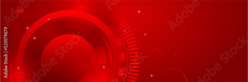Red technology digital banner design. Science, medical and digital technology header. Geometric abstract background with tech design. Molecular structure and communication vector illustration.