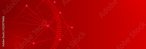 Red technology digital banner design. Science, medical and digital technology header. Geometric abstract background with tech design. Molecular structure and communication vector illustration.