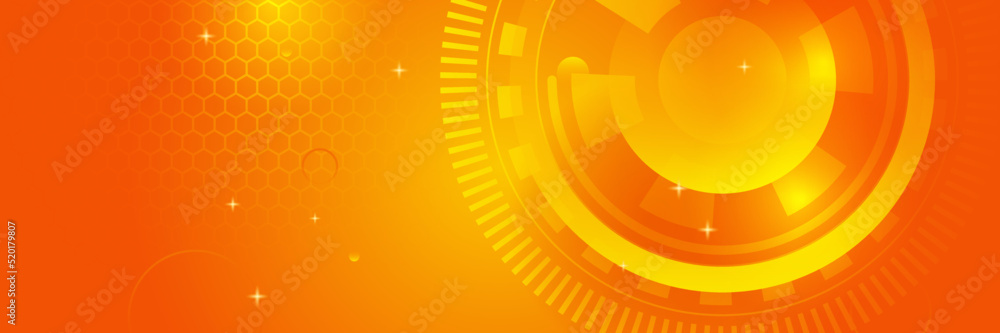 Orange technology digital banner design. Science, medical and digital technology header. Geometric abstract background with tech design. Molecular structure and communication vector illustration. Orange technology digital banner design. Science, medical and digital technology header. Geometric abstract background with tech design. Molecular structure and communication vector illustration.