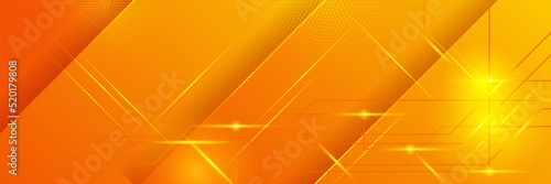 Orange technology digital banner design. Science, medical and digital technology header. Geometric abstract background with tech design. Molecular structure and communication vector illustration.