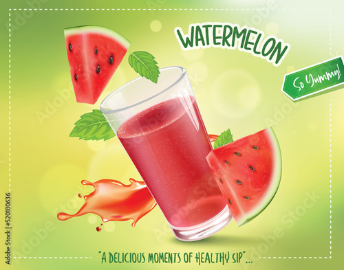 Vector Illustration of Watermelon Juice and watermelon fruit slices with mint leaves 