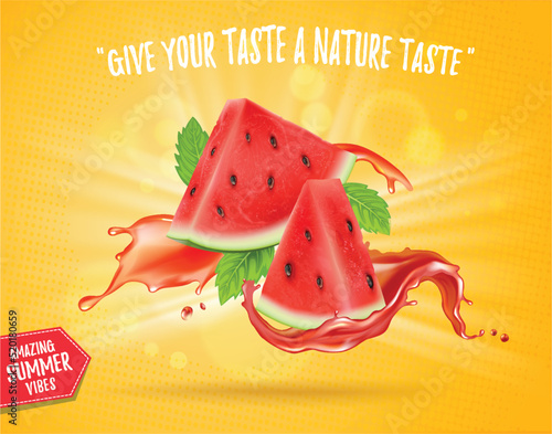 Watermelon fruit slices vector illustration with melon juice waves on yellow background