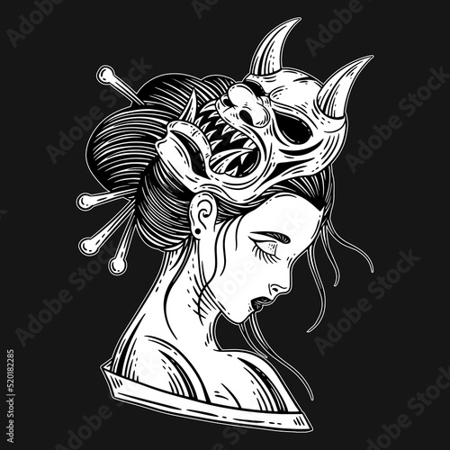 Dark Art Japanese Geisha Girl With Devil Mask Tattoo Hand Drawn Engraving Style