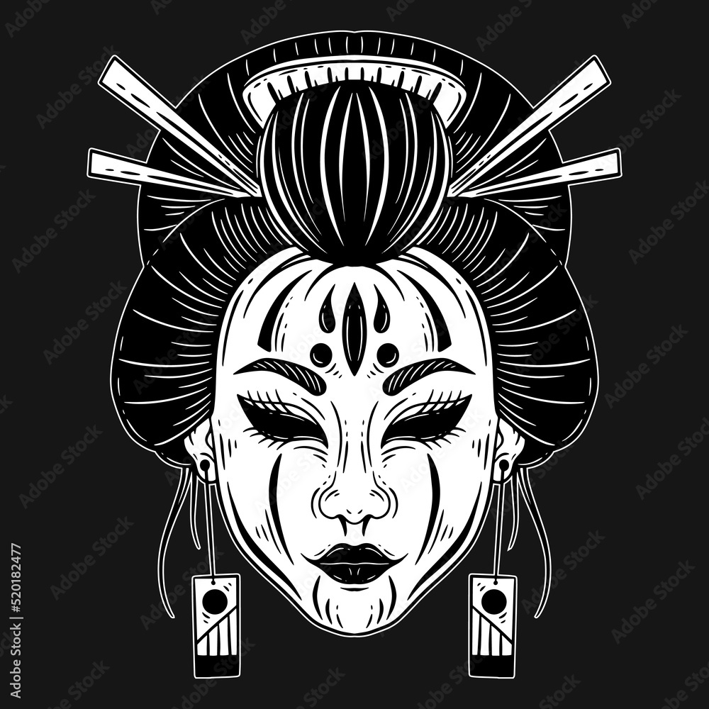 Dark Art Horror Japanese Geisha Girl With Devil Mask Face Tattoo Hand