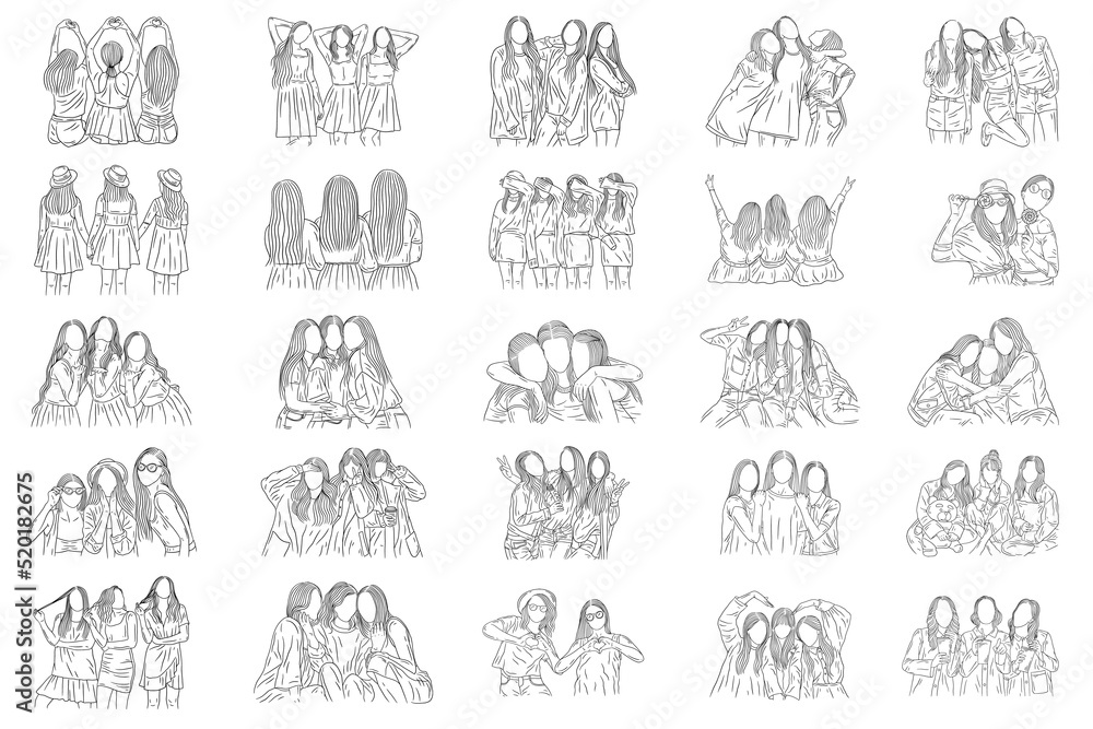 Fototapeta premium Set Mega Bundle Happy Women and Girl Best Friends Group Line Art