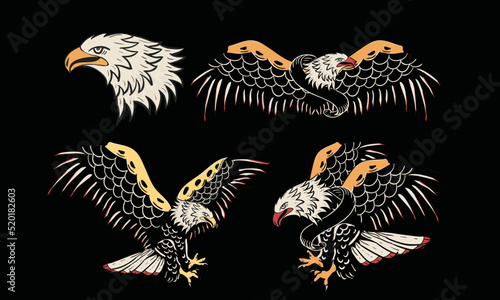 Eagle set vintage vector t shirt design. Rock and roll with wing logo artwork for apparel and others. Bird set.