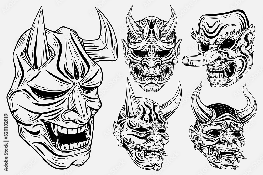 Set Bundle Dark Art Japanese Devil Oni Mask Tattoo Hand Drawn Engraving Style Stock | Adobe Stock