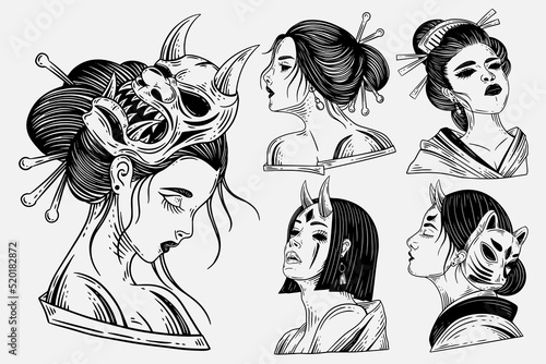 Set Bundle Dark Art Horror Japanese Geisha Girl Tattoo Hand Drawn Engraving Style