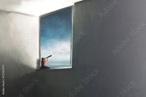 surreal illustration of a person looking out of a spyglass out the window of a house