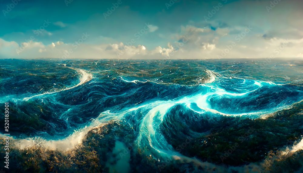 Fantasy seascape with beautiful waves and foam. Foam on the waves of water. Top view of the ocean waves. Dove water background. 3D illustration.