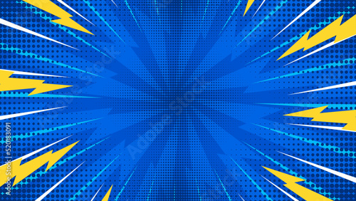 Pop art comic background lightning blast halftone dots. Cartoon Vector Illustration on blue