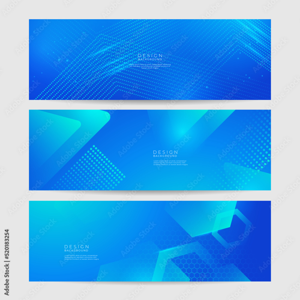 Fototapeta premium Abstract geometric blue wide background banner layout design. Business presentation banner with blue geometric shape. Blue abstract vector long banner. Minimal background with copy space for text