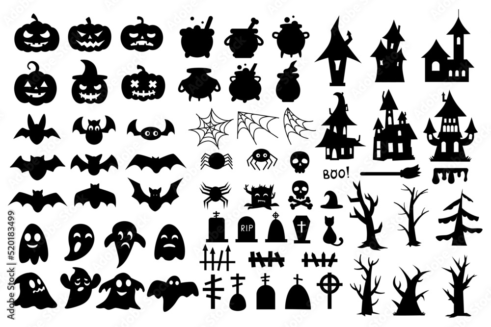 Halloween icons. Black silhouette ghosts. Spooky wizard houses. Pumpkin and bat. Witch broom. Tombstone and grave fence. Spider web. Creepy animals. Potion cauldron. Vector symbols set