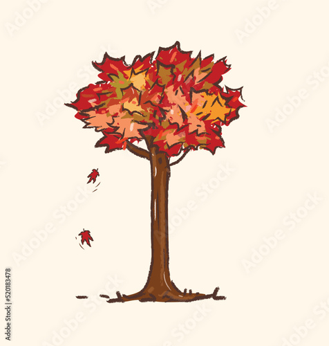 Colorful maple tree and falling leaves in vector flat illustraiton