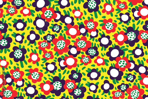 Seamless floral pattern with sketchy, careless plants, bright summer meadow in retro style. Simple botanical background design, ditsy print with small flowers, leaves on yellow field. Vector.