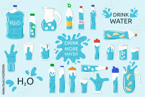 Drink water from glass and bottle. Ice drops in plastic cup. Cute line thermos. Detox cocktail mug. Eco habits. Jug for liquid. Cold refreshing beverage. Vector doodle illustration