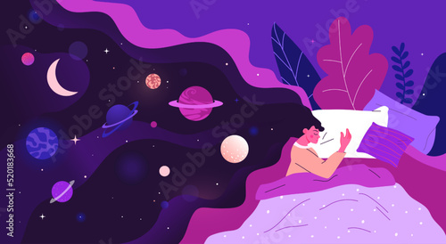 Abstract deep dream. Woman sleeps. Person in night cloud. Art space. Happy emotion. Magic scene. Hair with galaxy planets. Flat design elements. Girl lying on bed. Vector nighttime rest