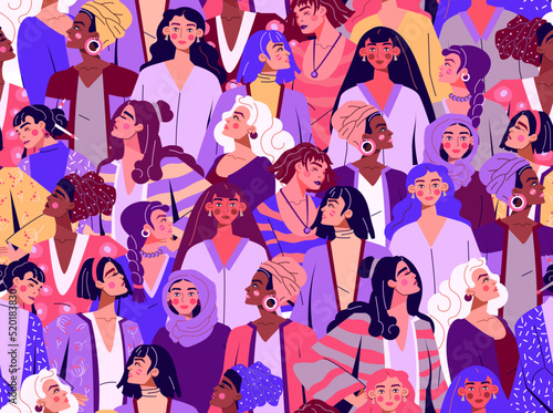 Women's Day pattern. Female power. Woman face. People profile of empowerment and leadership. Girls multiethnic crowd. Seamless print. Ladies union. Sisterhood protest. Vector background
