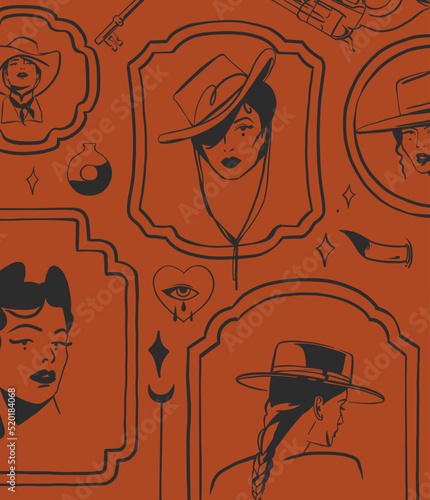 Hand drawn abstract vector graphic clipart illustration boho cowgirls in hats portraits.Western female design concept.Bohemian wild west contemporary.Cowboy girl modern drawing.American cowgirl logo.