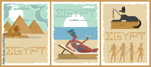 Egypt pharaoh poster. Cleopatra cover with pattern texture. Ancient pyramid or Sphinx. Hieroglyph mural. Africa art elements. Nefertiti vacation. Jackal sculpture. Vector illustrations set