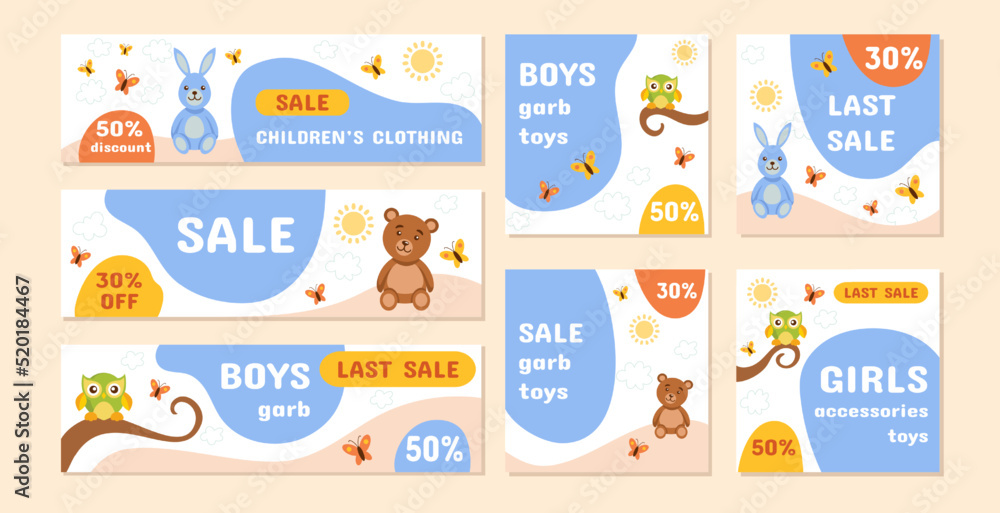 Cute baby product sale. Children ad for post, website or store. Fashion promotion banners set. Purchase for toddlers. Care of newborn child. Buying clothing. Vector design background
