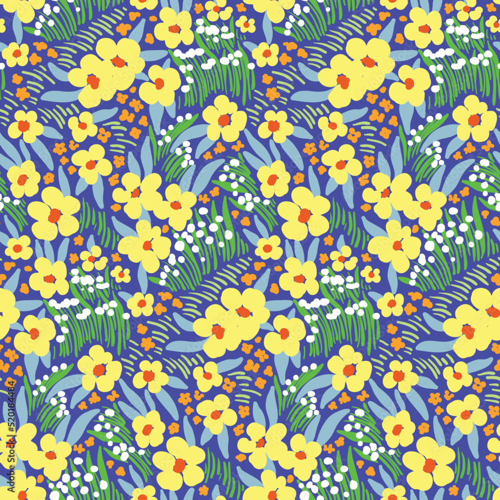 Seamless floral pattern, delicate ditsy print with small yellow flowers, grass, leaves on a blue field. Romantic botanical background with hand drawn spring meadow, girly floral texture. Vector.