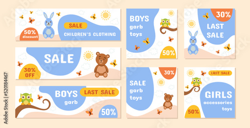 Cute baby product sale. Children ad for post, website or store. Fashion promotion banners set. Purchase for toddlers. Care of newborn child. Buying clothing. Vector design background