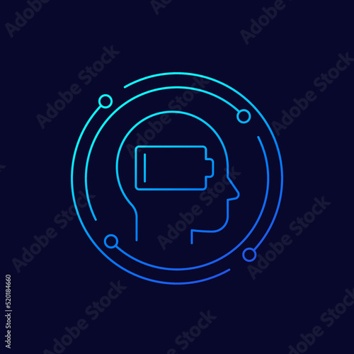 burnout, fatigue line icon with low battery, vector
