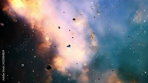 Galaxy space flight exploration space rock scence at Messier 27 The Dumbbell Nebula . 4K looping animation of flying through glowing nebulae, clouds and stars field. photo