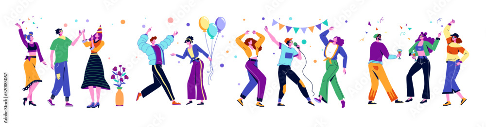 People dance party. Friend birthday, group of person characters, hipster human and simple woman, happy singer man. Bright decor balloons and ribbons, horizontal banner. Vector cartoon flat set People dance party. Friend birthday, group of person characters, hipster human and simple woman, happy singer man. Bright decor balloons and ribbons, horizontal banner. Vector cartoon flat set