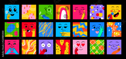 Abstract doodle patterns. Geometric shape design with cartoon faces, art color comic set, square collage trendy doodle portraits, bright colorful cards or prints. Vector graphic posters