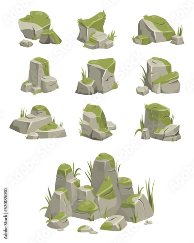 3d rock stone formations. Small boulder mountain with grass and moss, big icon with rocky texture, heavy piles. Cobblestones of various shapes, hard rock rubbles. Vector cartoon background