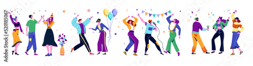 People dance party. Friend birthday, group of person characters, hipster human and simple woman, happy singer man. Bright decor balloons and ribbons, horizontal banner. Vector cartoon flat set