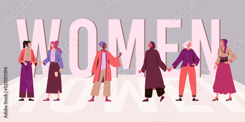 Strong power women day. Feminist woman and girl together, happy female multiethnic group of international sisterhood, team stand. Tiny people with huge letters. Vector banner background