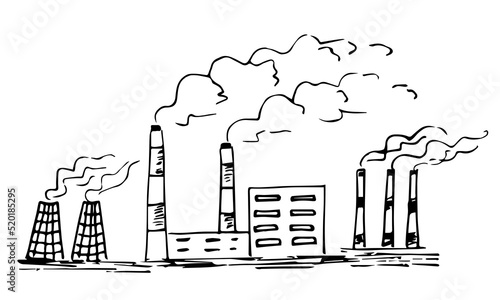 Simple hand-drawn vector drawing. Heat power station, smoking chimneys of the plant and factory. Air pollution, smog, global warming. Ink sketch.