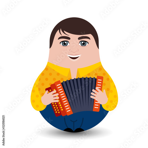 Accordionist. A young man in a yellow shirt plays the button accordion. Designer tilting toy. Modern kawaii dolls for your business project.